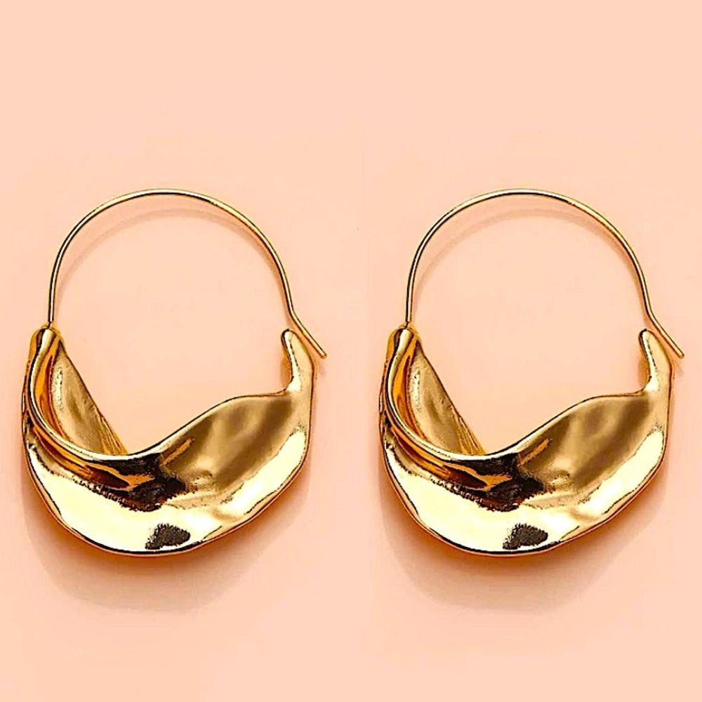 Gold Tone Metal Earrings Sculptural Wavy Crescent Tarnish Free Modern Statement